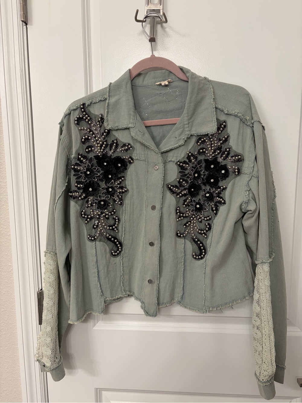 POL Embellished Sage Green Women's Button-Up Top